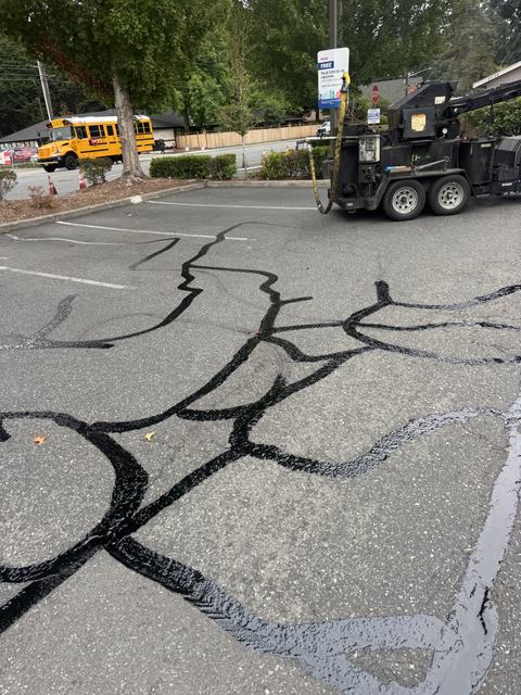 Retail center in Edmonds, WA: crack seal and sealcoat (photo 1)